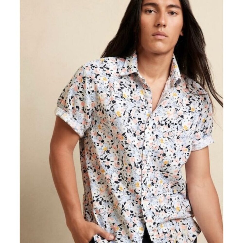 Banana Republic Mens Slim Floral Short Sleeve Button Up Shirt XL White SP EXC